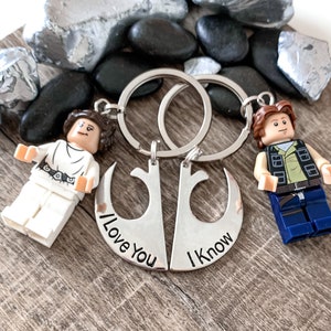 Pu&ograve; includere: Un portachiavi argentato con due simboli dell'Alleanza Ribelle che si intrecciano. I simboli sono incisi con il testo "I Love You" e "I Know". Il portachiavi presenta una minifigure Lego della Principessa Leia e una minifigure Lego di Han Solo.