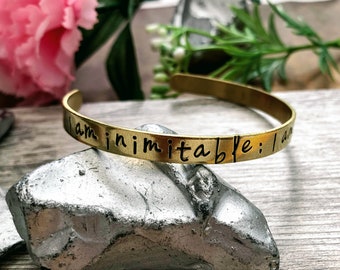 Hamilton Musical Bracelet Cuff, I am inimitable; I am an original, Broadway Musical Lyrics, Sterling Silver, Brass, Copper, or Aluminum