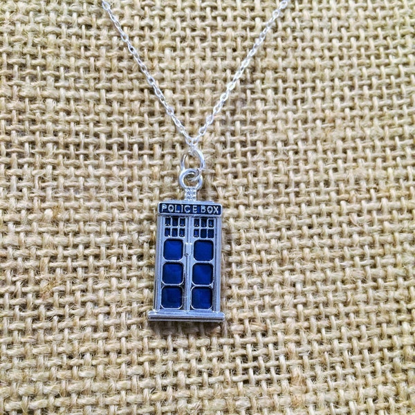 Dr. Doctor Simple Police box, British UK Phone box Necklace Sterling Silver Dainty Small Feminine, Who