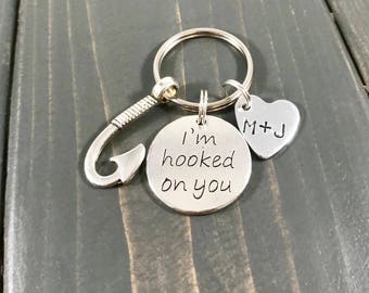 I’M HOOKED ON YOU keychain, gift for him, fishing, fisherman, handstamped heart with initials, boyfriend, husband, anniversary, personalized