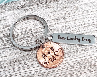 STAMPED PENNY keychain, gift for him, our lucky day, anniversary gift, stocking stuffer, memorial penny, first date, wedding, gift for him