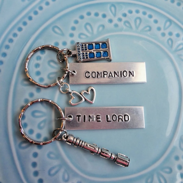 GIFT FOR HIM, Couples Keychain, Dr. Doctor Time Lord Companion Key Chain Handstamped Two Hearts Police Box Sonic Screwdriver