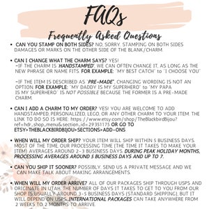 May include: A pink and white graphic with the text "FAQs" in a large, bold font. The text "Frequently Asked Questions" is below the FAQs text. The graphic lists several questions and answers about personalized charms, shipping, and order processing.