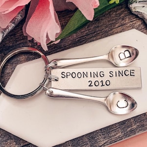 PERSONALIZED COUPLES Keychain, Spooning Since, Handstamped, Anniversary, Gift for her, Gift for him, Romantic Christmas Stocking Stuffer