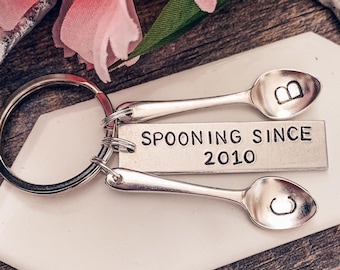 PERSONALIZED COUPLES Keychain, Spooning Since, Handstamped, Anniversary, Gift for her, Gift for him, Romantic Christmas Stocking Stuffer