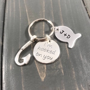 I&#39;m Hooked On You couples keychain, anniversary gift, fishing, fisherman, boyfriend hudband, girlfriend wife, personalized, initials