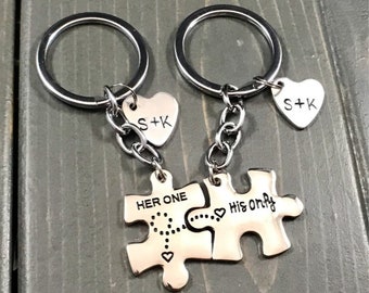 ROMANTIC Couples Keychains, Puzzle Her One His Only, Missing Piece, Long Distance Relationship, Personalized with Initials, Anniversary Gift