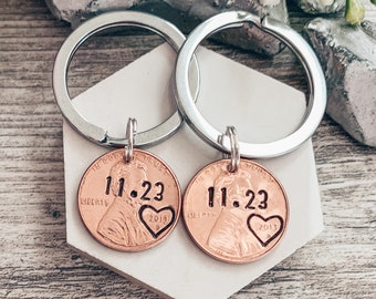 PERSONALIZED LUCKY PENNY keychain set or single, Our Lucky Day, Wedding Anniversary, Romantic Gift for Him, Christmas Stocking Stuffer