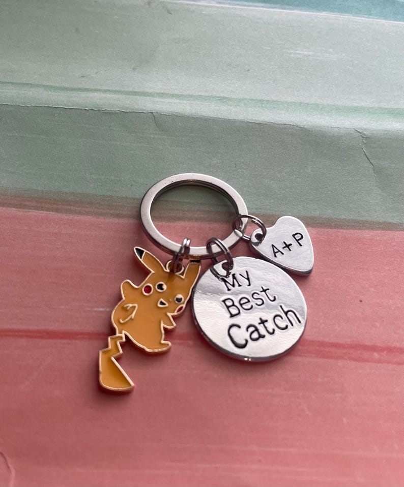 POKEMON COUPLES KEYCHAIN set for Him, My Best Catch, Gift for boyfriend girlfriend husband wife spouse, Anniversary, Silver, Personalized image 1