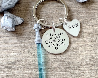 STAR WARS GIFT for Him, I Love You to the Death Star and Back Lightsaber keychain, anniversary gift, husband boyfriend Lego Keychain
