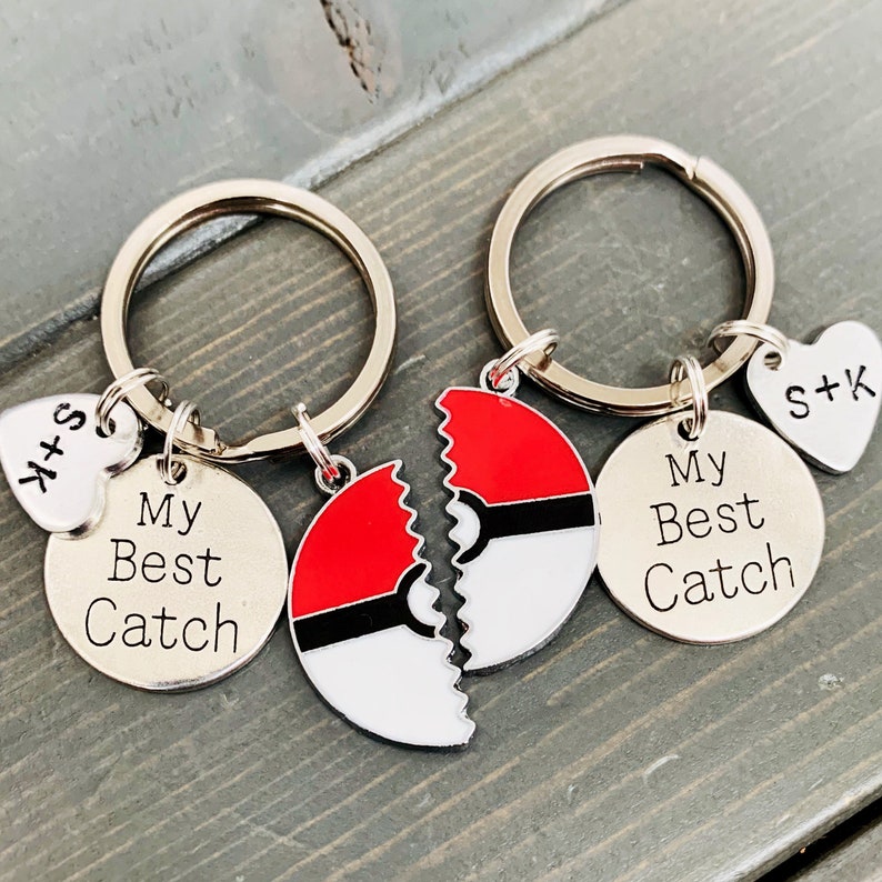 My Best Catch Keychain Set, ANIME POKEMON, Couples Gift, Anniversary, boyfriend, husband, lucky pets, personalized split pokeball for her 