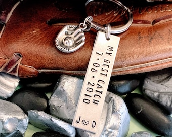 BASEBALL KEYCHAIN, Gift for husband, couples, My Best Catch, Gift for him, wife, girlfriend boyfriend, spouse, Baseball mitt glove, Initials