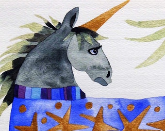 Whimsical wall art. Unicorn wearing purple blanket w/ sparkly stars. Original watercolor painting, unique gift for unicorn lover. 11x14