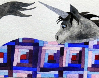 Whimsical wall art. Purple unicorn, original watercolor painting, she wears purple log cabin quilt blanket with sparkly trim. 12x16