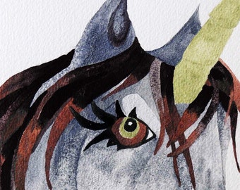 Original Watercolor Unicorn Painting, Iridescent Horn, Whimsical Animal Wall Art