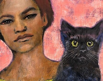 Whimsical animal art, figurative painting of woman with black cat. Small unframed oil on canvas board, 7" x 5" Eartha Kitt with kitty cat.