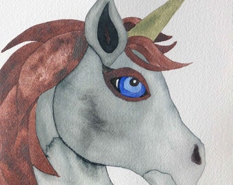 Whimsical unicorn art- 10 x 7 ORIGINAL watercolor, nice for kids room art or fantasy themed decor. One of a kind work on paper