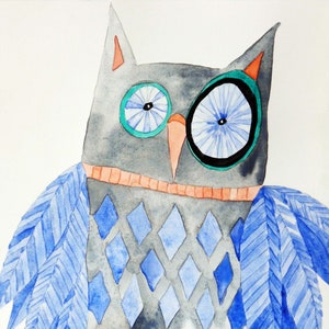 Whimsical bird wall art, 10 x 7 original watercolor painting, blue & gray owl, kids room wall decor, modern nursery art