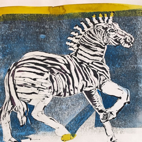 Original monotype, Zebra. Whimsical animal art monoprint. One of a kind fine art printmaking print in black, white, blue, and spring green.