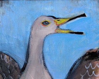 7x5 oil painting on canvas board. Small original  art, bird. Whimsical animal wall art. Seagull artwork in blue, gray, pink and yellow.