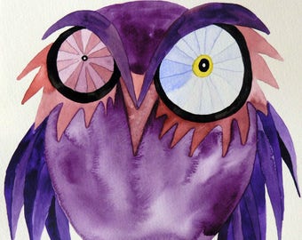 Whimsical, original watercolor bird painting - 10 x 8 funky purple owl is perfect for nursery art, kids room decor, gift for owl lover!