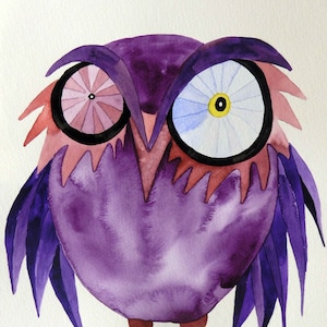 Whimsical, original watercolor bird painting 10 x 8 funky purple owl is perfect for nursery art, kids room decor, gift for owl lover image 1