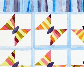 ORIGINAL watercolor painting of butterfly quilt. Geometric abstract art, sewing room or bedroom decor. Quilt lover gift. Unique.