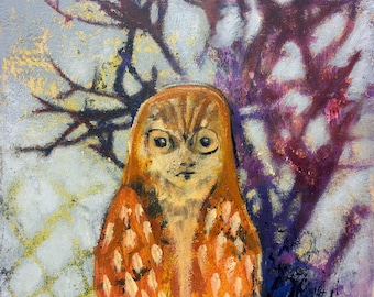 Surreal Original Painting of Owl: Whimsical Bird Art (6 x 6)