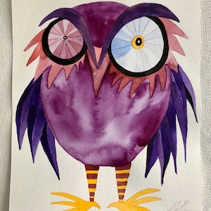 Whimsical, original watercolor bird painting 10 x 8 funky purple owl is perfect for nursery art, kids room decor, gift for owl lover image 7