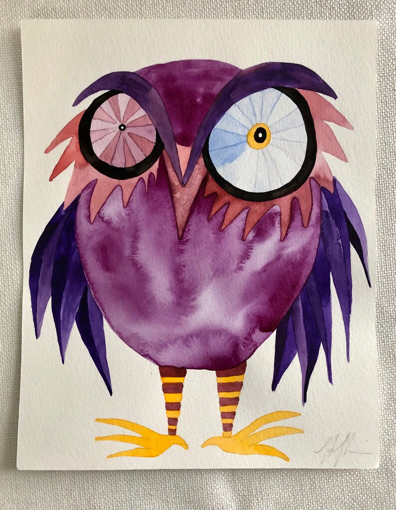 Whimsical, original watercolor bird painting 10 x 8 funky purple owl is perfect for nursery art, kids room decor, gift for owl lover image 7