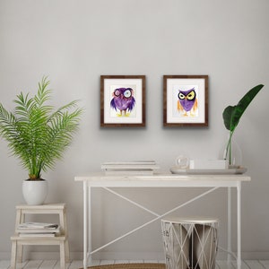 Whimsical, original watercolor bird painting 10 x 8 funky purple owl is perfect for nursery art, kids room decor, gift for owl lover image 2