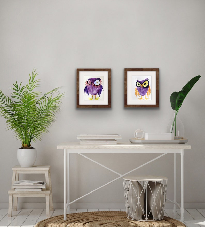 Whimsical, original watercolor bird painting 10 x 8 funky purple owl is perfect for nursery art, kids room decor, gift for owl lover image 2