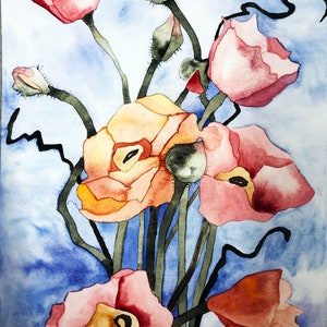 Abstract botanical wall art, whimsical watercolor painting, blows poppies. Original expressive floral artwork, unique decor, fine art gift