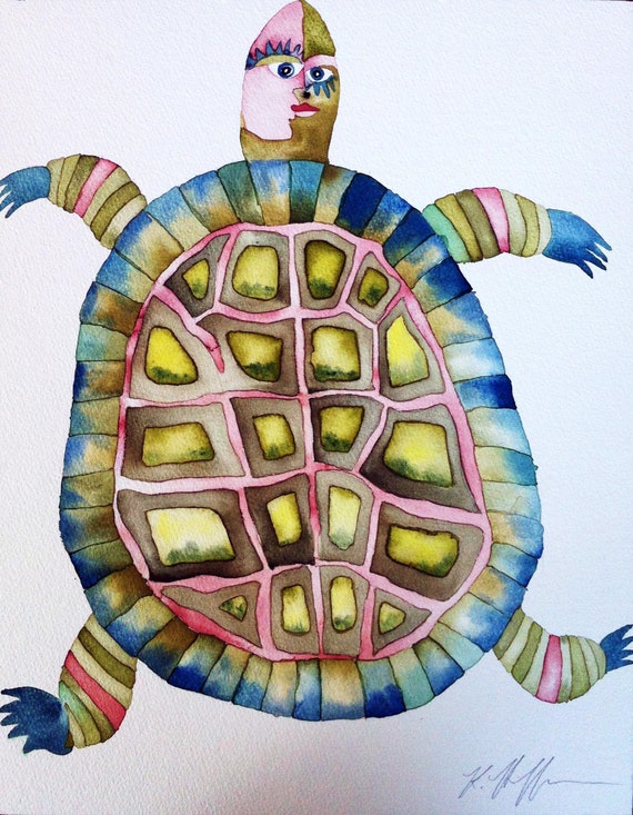 Original Watercolor Turtle Painting: Whimsical Animal Art, Nursery Decor (16x12)