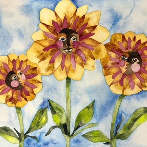 Surreal botanical wall art, whimsical watercolor painting, flowers with faces. Original eccentric floral artwork, unique decor, quirky gift