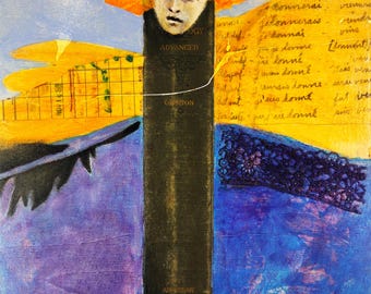 Flight of the Overton Window. Figurative collage with old book spine and oil paint: Modern Abstract Angel Art, 8x8