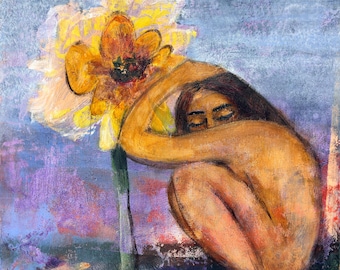 Gimme Shelter Painting: Expressionist Art Woman with Flower (6 x 6)