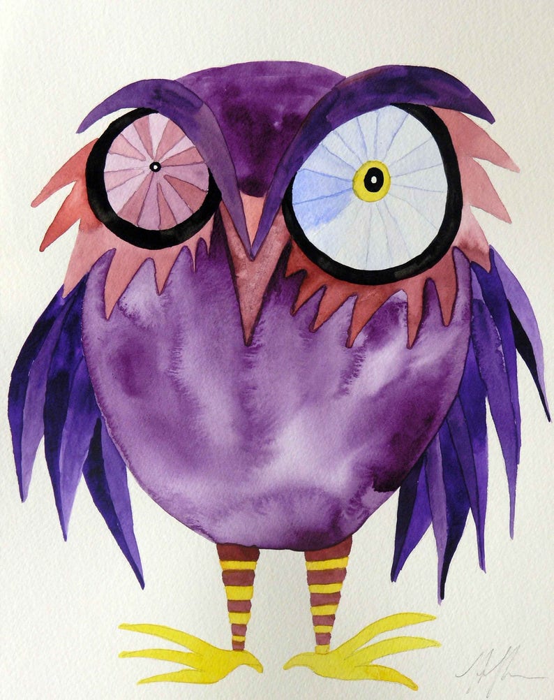 Whimsical, original watercolor bird painting 10 x 8 funky purple owl is perfect for nursery art, kids room decor, gift for owl lover image 1