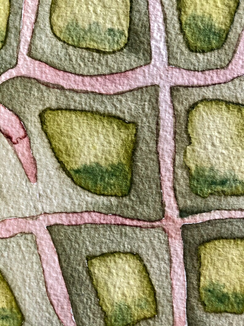 K&ouml;nnte beinhalten: Abstrakte Aquarellmalerei mit einem geometrischen Muster aus Quadraten und Kreisen in Gr&uuml;nt&ouml;nen, Braun und Rosa.