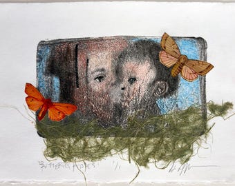 Butterfly Kisses Monotype: Original Fine Art Printmaking One of a Kind Artwork