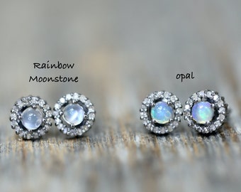 Rainbow Moonstone Diamond Stud Earrings*9mm Round*Diamonds*Gift Idea*Women's Jewelry*Nadean Designs*June Birthstone Birthday