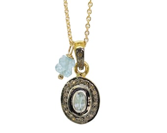Aquamarine Diamond Oval Pendant Necklace*March Birthstone Gift Idea* Women's Jewelry*Anniversary*Christmas*Winter Fashion*New Years*Holiday