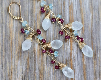 Aquamarine Ruby Gemstone Cascade Tassel Earrings* March Birthstone Birthday Gift Idea for Her*Unique Gift*Wedding*Dance*Gala*Christmas*Gala