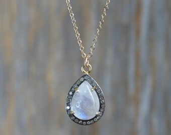 Rainbow Moonstone Pave Diamond Gemstone Teardrop Pendant Necklace*Sterling Silver*Gold*June Birthstone*Women's Jewelry Gift Idea for Her