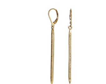 Diamond Gemstone Spike Earrings*Long Thin*Yellow Gold* Pave Diamond Gift Idea for Her*Wedding*Anniversary*Bridal*Valentine*Mother's Day