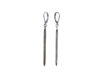 Genuine Pave Diamond Gemstone Long Spike Earrings*2.7 Inches*Oxidized Sterling Silver*Large Thin Lever Back*Gift Idea*April Birthstone