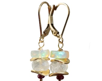 Rainbow Moonstone Ethiopian Welo Opal Ruby Drop Earrings*Women's Jewelry Gift Idea*October Birthstone*Date*Bridal*Anniversary
