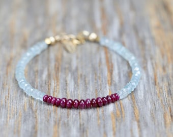 Aquamarine Ruby Gemstone Bracelet*14k Gold Filled*Beaded Gemstone Bracelet*Birthstones*Holiday*Date