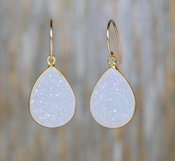 Large White Druzy Pear Earrings