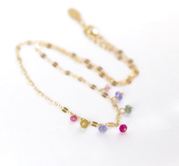 Multi Gemstone Dainty Gold Choker Necklace